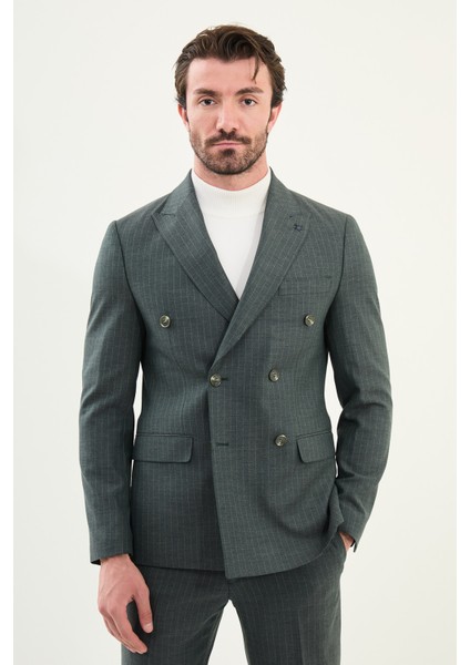 Çizgili Slim Fit Geniş Yaka Kruvaze Yün Erkek Takım Elbise