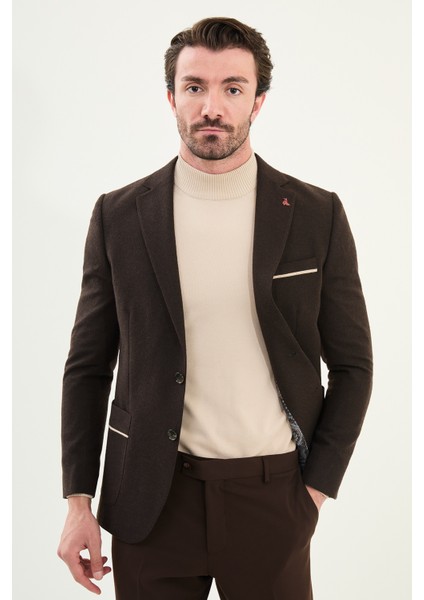 Düz Slim Fit Torba Cep Detaylı Mono Yaka Yün Erkek Ceket