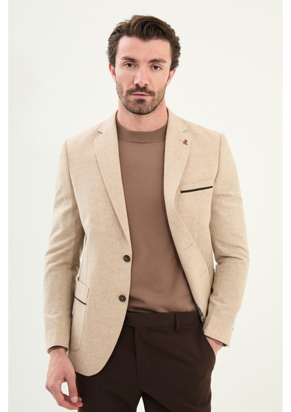Düz Slim Fit Torba Cep Detaylı Mono Yaka Yün Erkek Ceket