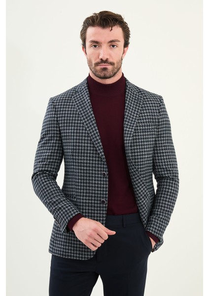 Kazayağı Desen Slim Fit Mono Yaka Yün Erkek Ceket