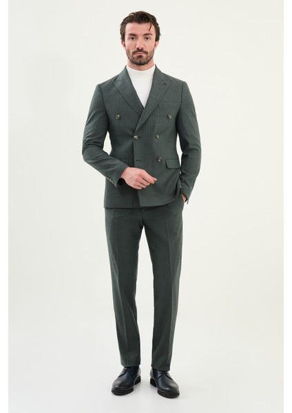 Çizgili Slim Fit Geniş Yaka Kruvaze Yün Erkek Takım Elbise modelleri