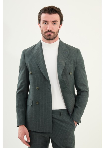 Çizgili Slim Fit Geniş Yaka Kruvaze Yün Erkek Takım Elbise fırsatları