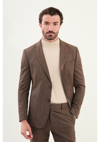 Kırçıllı Slim Fit Torba Cep Mono Yaka Yün Erkek Takım Elbise