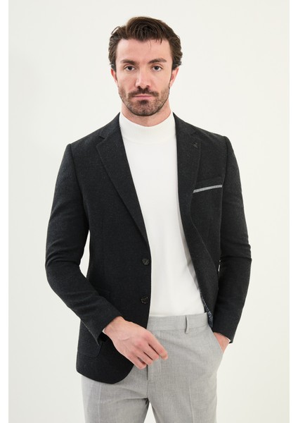 Düz Slim Fit Torba Cep Detaylı Mono Yaka Yün Erkek Ceket