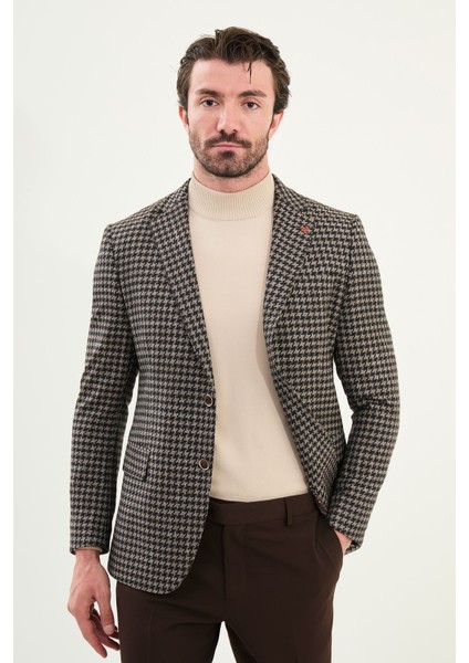 Kazayağı Desen Slim Fit Mono Yaka Yün Erkek Ceket