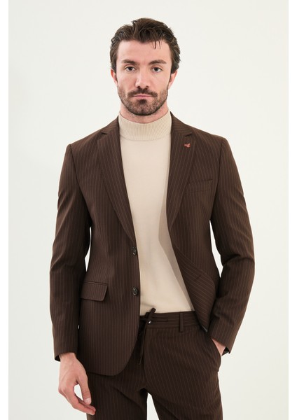 Çizgili Slim Fit Mono Yaka Ipli Yün Erkek Takım Elbise