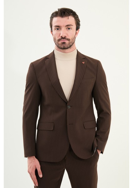 Çizgili Slim Fit Mono Yaka Ipli Yün Erkek Takım Elbise fırsatları