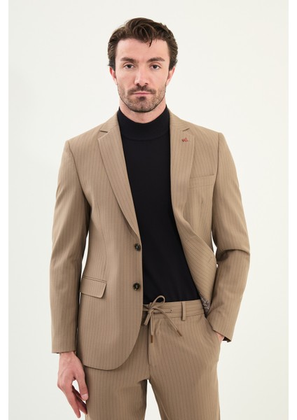 Çizgili Slim Fit Mono Yaka Ipli Yün Erkek Takım Elbise