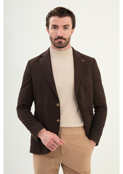 Çizgili Slim Fit Torba Cep Mono Yaka Erkek Ceket