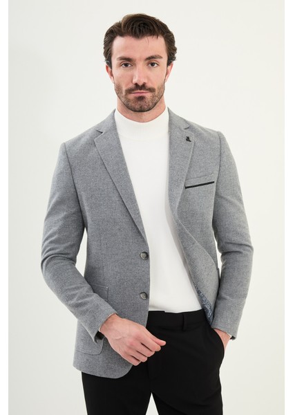 Düz Slim Fit Torba Cep Detaylı Mono Yaka Yün Erkek Ceket
