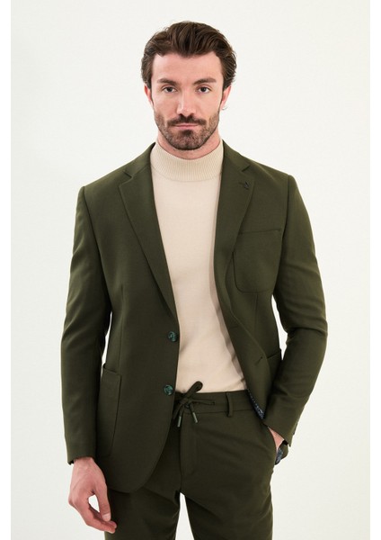 Düz Slim Fit Torba Cep Beli Lastikli Ipli Yün Erkek Takım Elbise