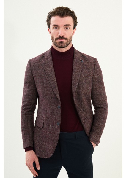 Ekoseli Slim Fit Mono Yaka Yün Erkek Ceket