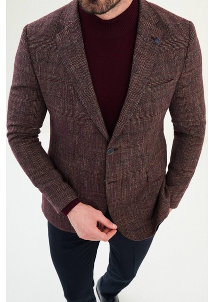 Ekoseli Slim Fit Mono Yaka Yün Erkek Ceket fiyatları