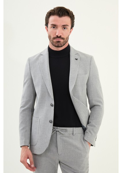 Çizgili Slim Fit Torba Cep Mono Yaka Erkek Ceket