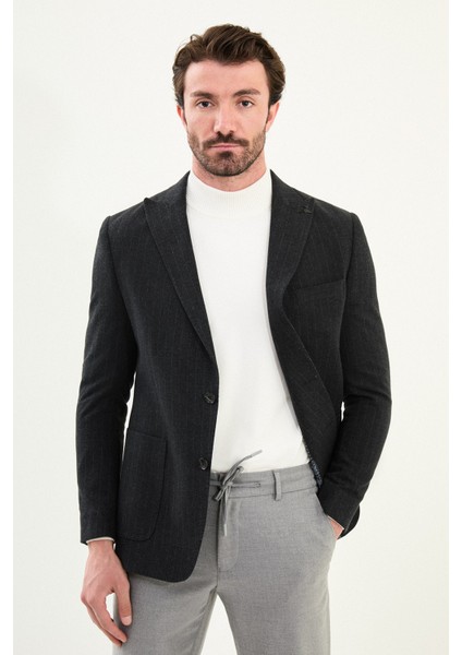Çizgili Slim Fit Torba Cep Geniş Yaka Yün Erkek Ceket