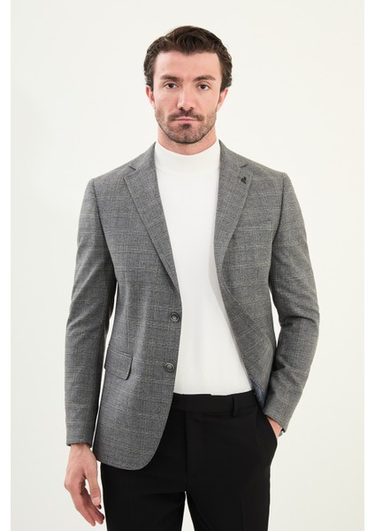 Ekoseli Slim Fit Mono Yaka Erkek Ceket