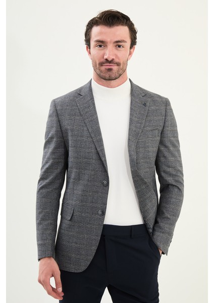 Ekoseli Slim Fit Mono Yaka Erkek Ceket