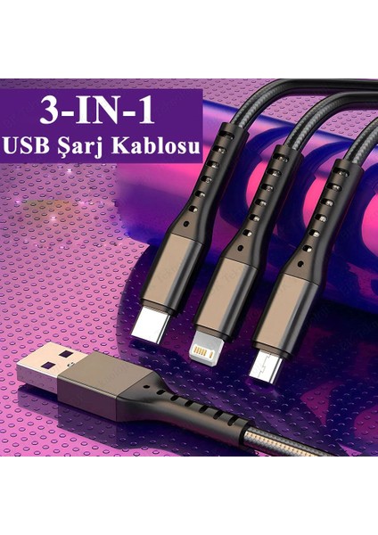 3-In-1 USB To Micro USB + Lightning + Type-C Telefon Şarj Kablosu 1.2 Metre