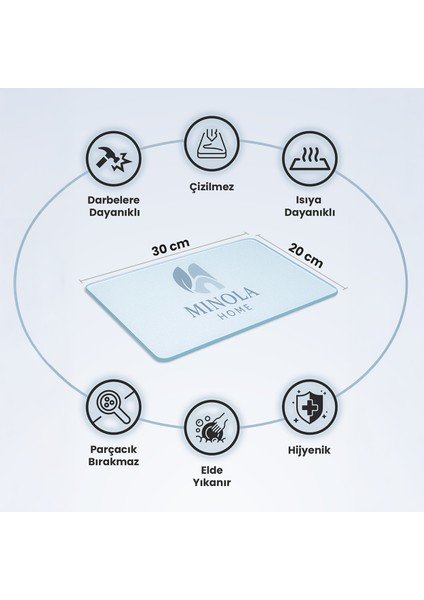 Temperli Cam Kesme Tahtası Sunum Tahtası Cam Doğrama Tahtası Antibakteriyel Oval Kenarlı
