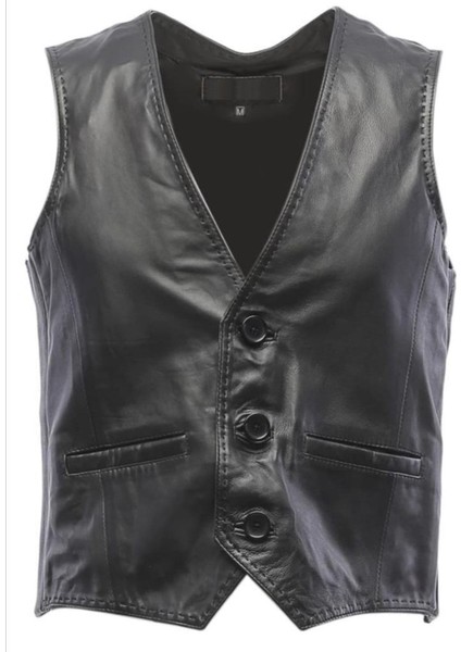 Hakiki Deri Siyah Üç Düğmeli Erkek Deri Yelek