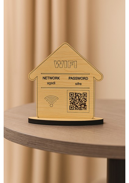 Wifi Şifre Qr Kodlu Stand Levha Tabela Kişiselleştirilebilir Ahşap