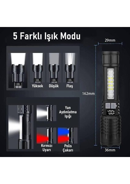 Şarjlı LED El Feneri 5 Işık Modu Type-C Şarjlı Çakar Modlu Zoom Özellikli modelleri