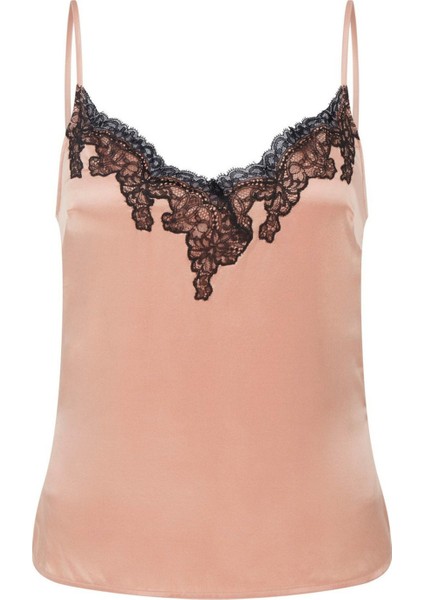 Amelea Pembe Siyah Dantelli Lüks Ipek Saten Kadın Atlet Bluz , Yan Yırtmaçlı