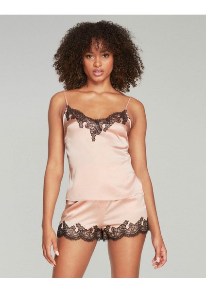 Amelea Pembe Siyah Dantelli Lüks Ipek Saten Kadın Atlet Bluz , Yan Yırtmaçlı modelleri