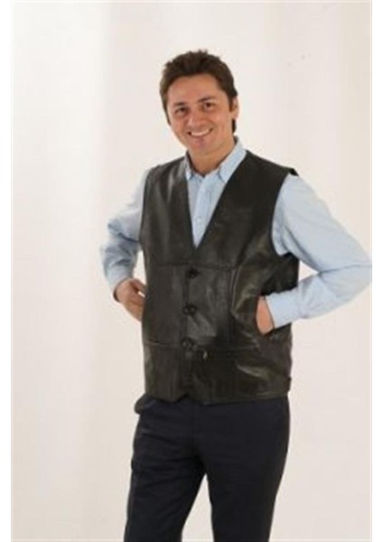 Hakiki Deri Siyah Yandan Cepli Erkek Deri Yelek