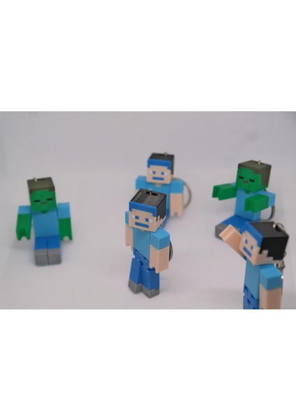 Minecraft Steve & Zombi Figür Anahtarlık - Hareketli Eklemler, Çok Renkli Tasarım