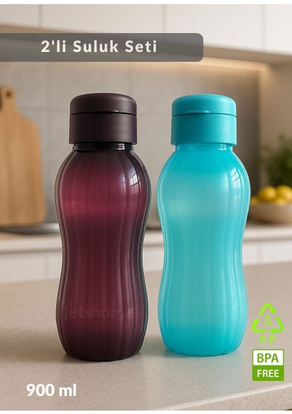 Suluk 2'li Set Su Şişesi Bpa Free Okul Suluğu Pp-5 Suluk Spor Okul Ofis Suluğu Mürdüm-Mavi 900 ml