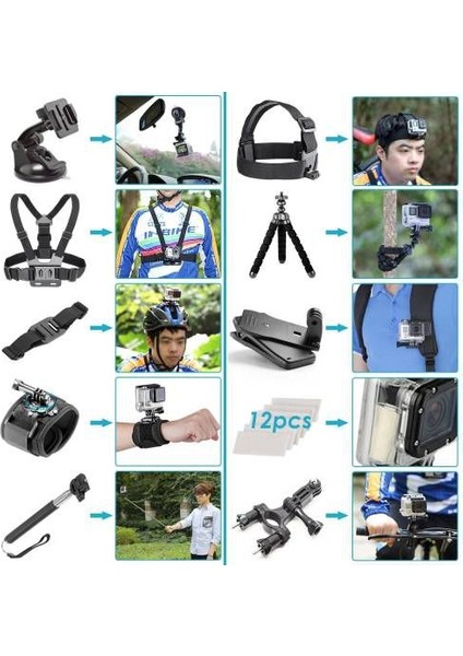 Aksiyon Kameraları Için Aksesuar Seti-25 Farklı Ürün Toplam 60 Parça Eksiksiz Set fiyatları