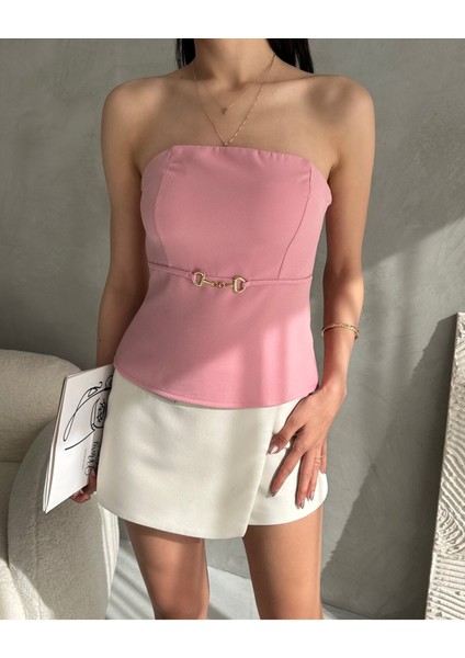 Straplez Beli Toka Detaylı Crep Bluz