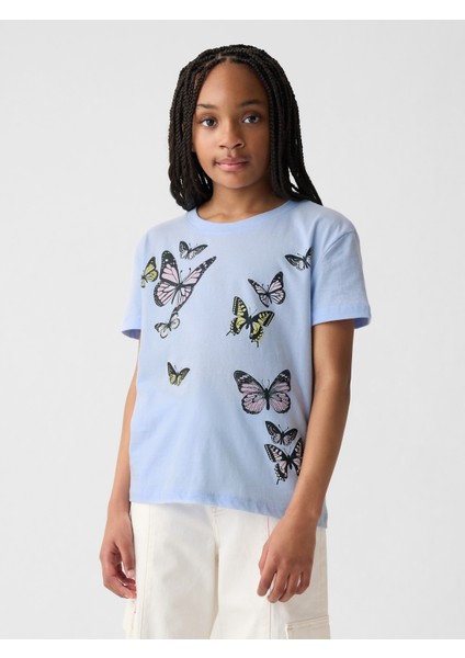 Kız Çocuk Mavi Grafikli T-Shirt