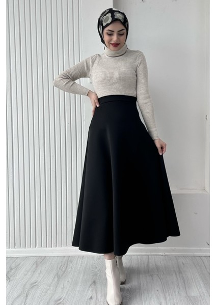 Kadın Siyah Scuba Krep Tesettür Kloş Etek