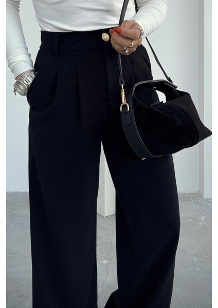 Siyah Gold Düğmeli Palazzo Pantolon fırsatları