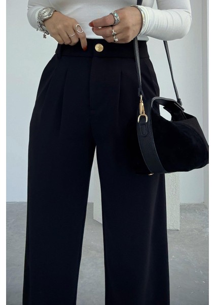 Siyah Gold Düğmeli Palazzo Pantolon indirimleri