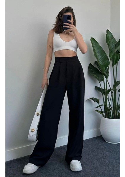 Kadın Yüksekbel Palazzo Geniş Paça Cırt Cırtlı Pantolon