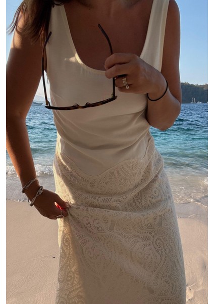 Ekru Dantelli Kolsuz Elbise indirimleri