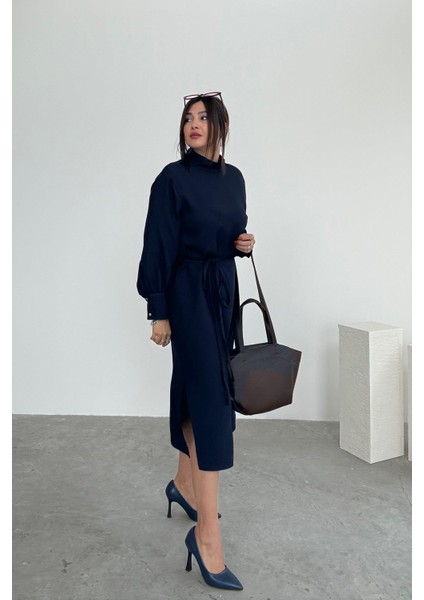 Lacivert Dik Yaka Kumaş Elbise fırsatları