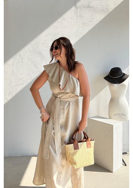 Bej Volanlı Ham Keten Elbise fırsatları