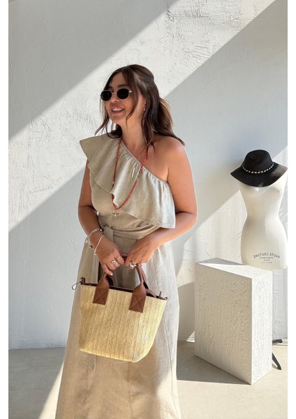 Bej Volanlı Ham Keten Elbise indirimleri