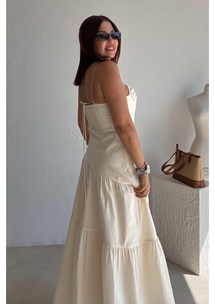 Ekru Ince Askılı Uzun Elbise indirimleri