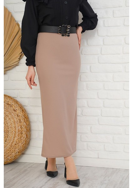 Bel Lastikli Likralı Kalem Etek Vizon