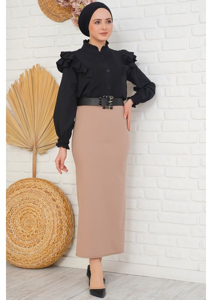 Bel Lastikli Likralı Kalem Etek Vizon fiyatları