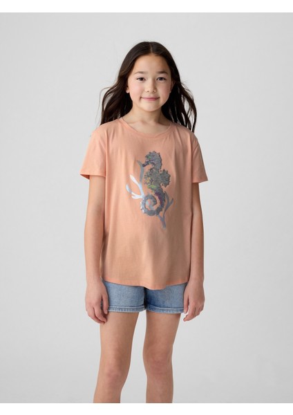 Kız Çocuk Turuncu Flippy Grafikli T-Shirt