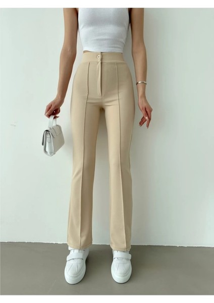 Kadın Nervür Dikişli Toparlayıcı Yüksek Bel Ispanyol Paça Pantolon