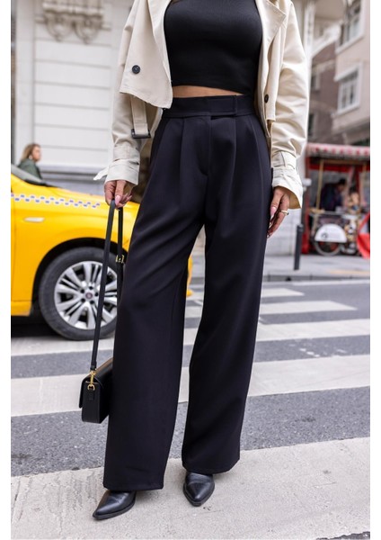 Siyah Beli Cırtcırtlı Pens Dikişli Palazzo Pantolon fiyatları
