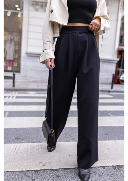 Siyah Beli Cırtcırtlı Pens Dikişli Palazzo Pantolon modelleri