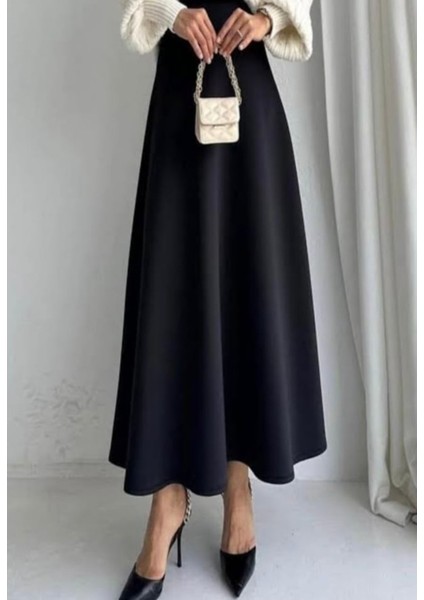 Kadın Scuba Krep Bel Lastikli Kiloş Etek Siyah